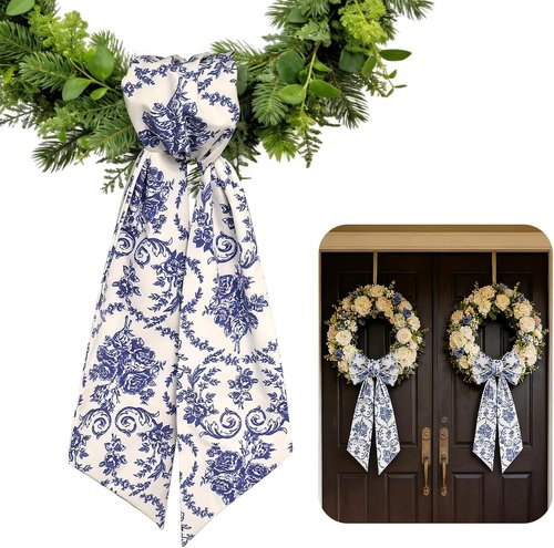 AZYM Wreath Sash Set - Elegant Blue Flower Ribbon for Indoor/Outdoor Door Decor | 2 Pcs