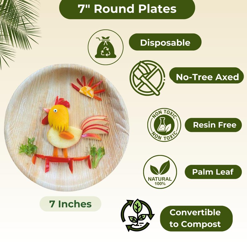 Dtocs Palm Leaf Plates 7 Inch Round (50) | Bamboo Plates Disposable Look Compostable Dinnerware Sets for Cocktail, Appetizer, Dessert, Mini Charcuterie Boards | Alternate to Wooden, Paper, Plastic