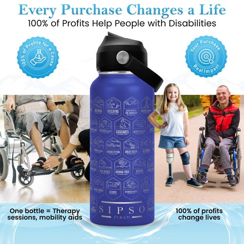 SIPSO fresh Hiking Gift Water Bottle – 32 oz Vacuum Insulated Stainless Steel National Park Water Bottle | 63 Waterproof Stickers & Premium Gift Box | Camping & Outdoor Adventure Gifts (Light Blue)