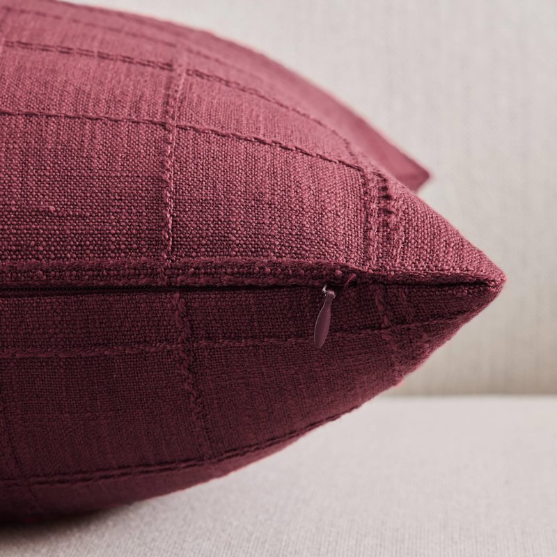 ZeeMart Linen Checked Throw Pillow Covers Set of 2, 20x20 Inch Allover Grid Burgundy, Farmhouse Decorative Double Sided Grid Embroidered Couch Pillow Cases Red Cotton Linen Cushion Covers