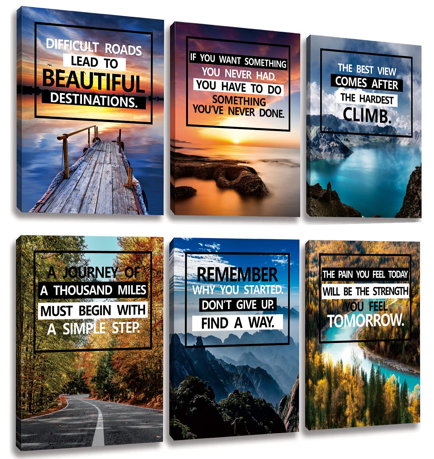 Inspirational Canvas Decoration Painting, landscape Canvas Wall Art，Suitable for Library, School, Gym,Office， Living Room Decor,6-Pack，Tabletop/Hanging(29 x 38cm) Framed