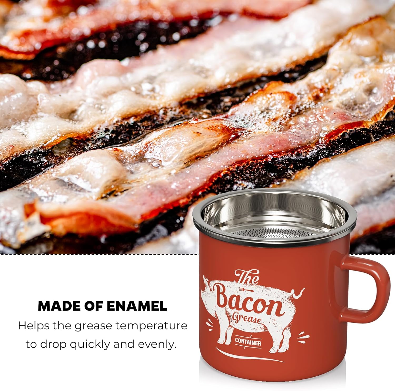 Skiennix Black Meat Chopper - 15oz Mini Red Bacon Grease Container for Easy Cooking Cleanup