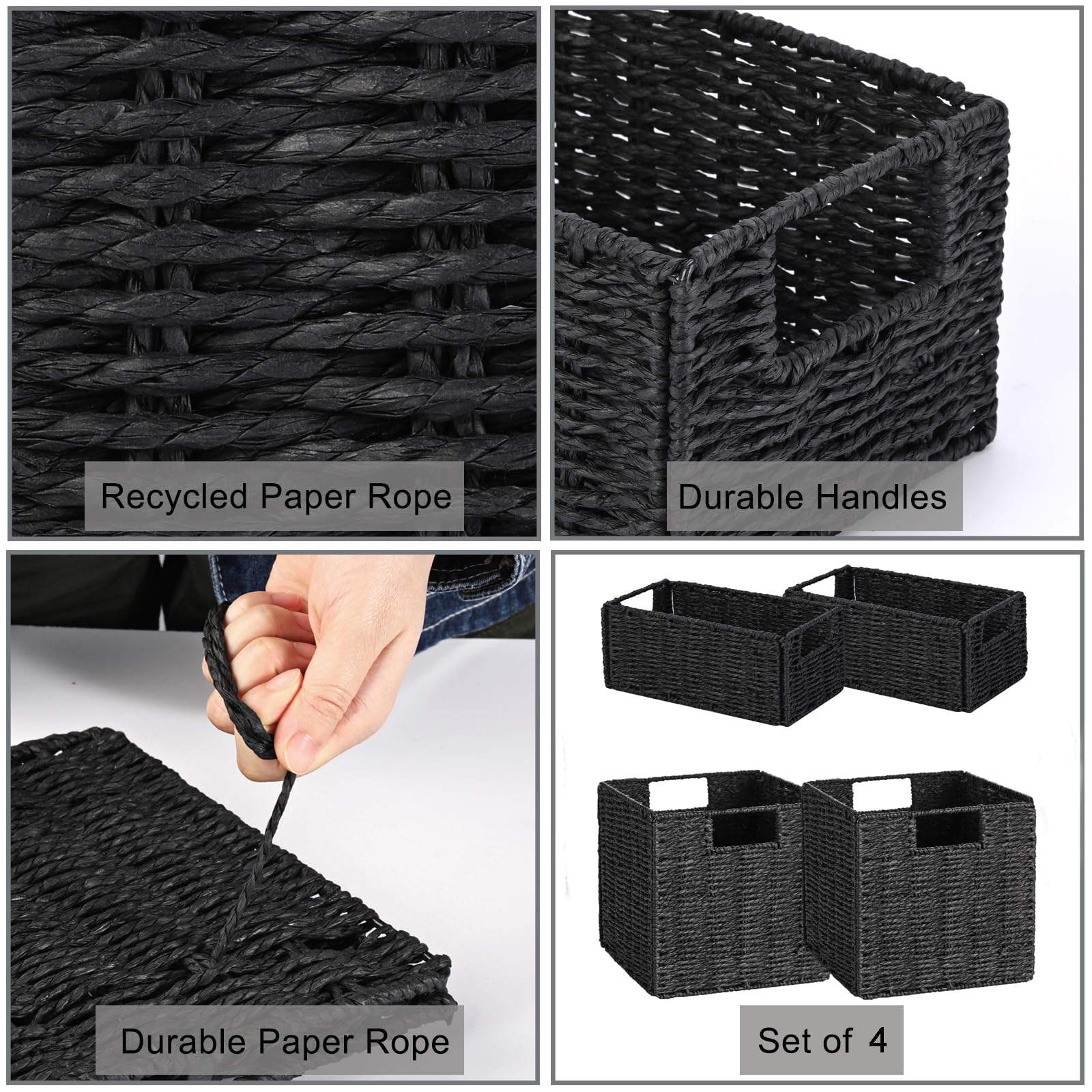 Vagusicc Wicker Storage Baskets, Set of 2 Hand-Woven Foldable Cube Storage Baskets for Shelves with Handles 13 inches + Set of 2 Small Wicker Storage Baskets for Organizing Toilet Shelves,Black