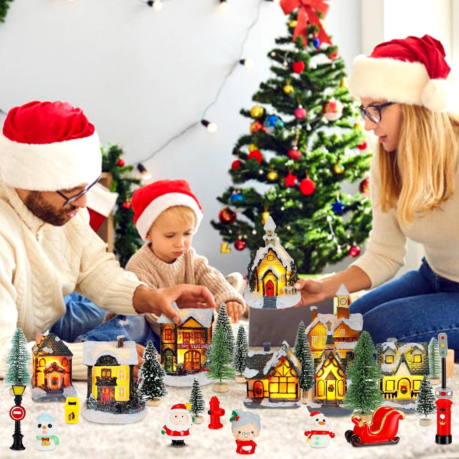 Woanger Christmas Village Set - 29 LED Lighted Houses & Figurines for Holiday Decor | Poly Resin Collectibles