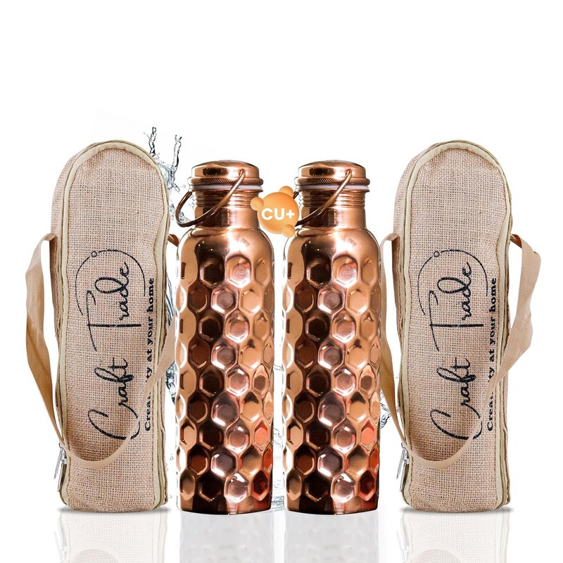 Craft Trade 100% Pure Copper Water Bottle 32 Oz, Ayurveda Copper Bottle for Drinking, Handcrafted Honeycomb Finish with Jute Carry Case, Boosts Immunity & Digestion, Leak-Proof, BPA-Free, 2 Pk