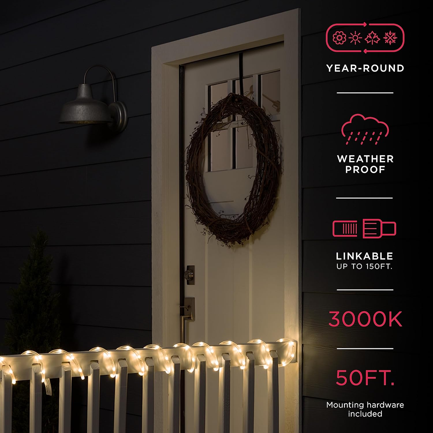 UltraPro LED Rope Lights - 50ft Classic Clear Warm White 3000K | Flexible & Durable Indoor/Outdoor Lighting