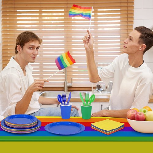 Ruisita 193 Pieces Rainbow Party Supplies Include Disposable Dessert Paper Plates Cups Napkins Forks Knives Spoons Table Cover Serve 24 Guests Dinnerware Cutlery Set for Birthday Wedding Decoration
