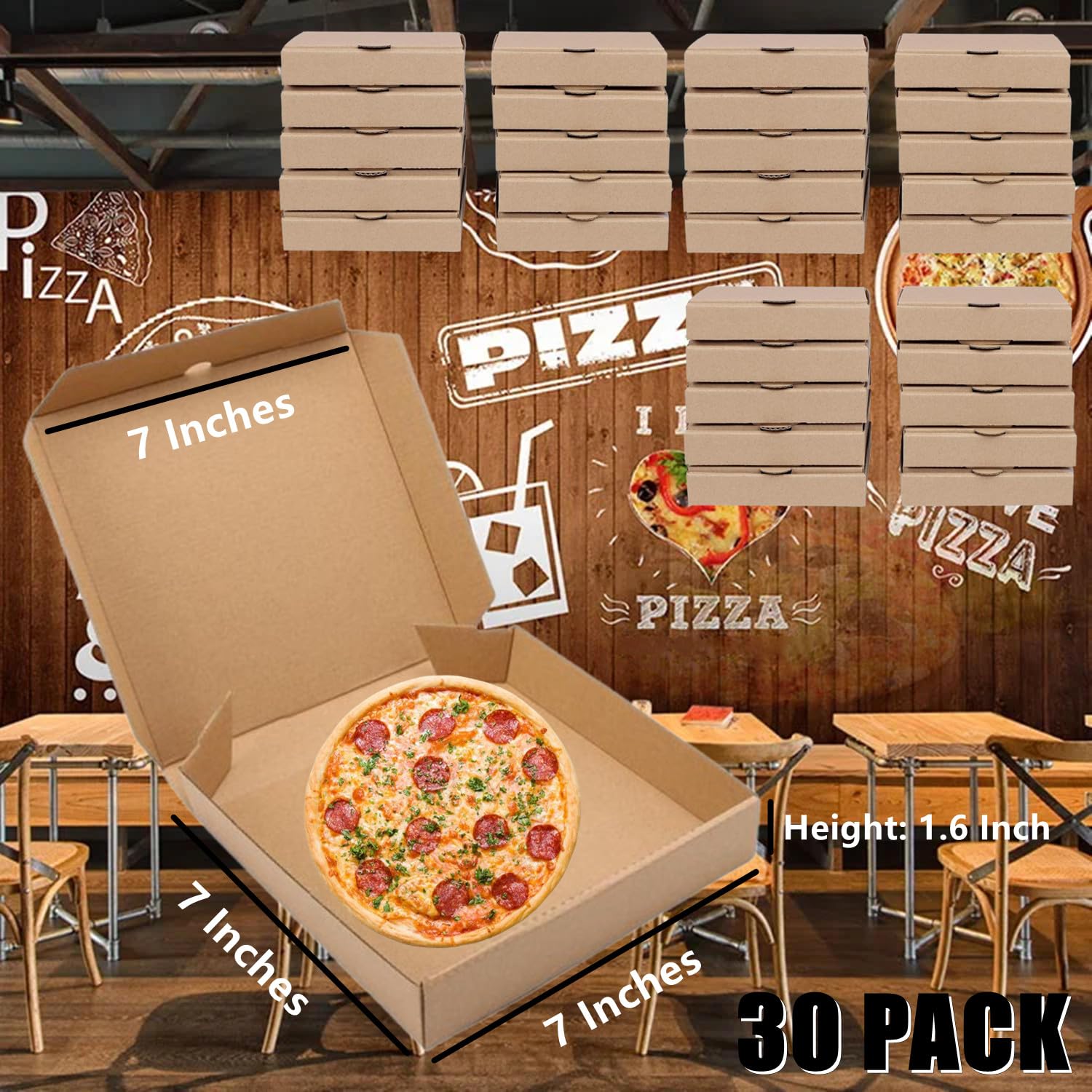 RHBLME 30 Pack Pizza Boxes, 7.3 x 7.3 x 1.6 Inch Small Pizza Boxes Corrugated Cardboard Pizza Box, Reusable Kraft Pizza Box Bulk Takeaway Packaging Boxes, Keeps Pizza Cake Cookies Fresh