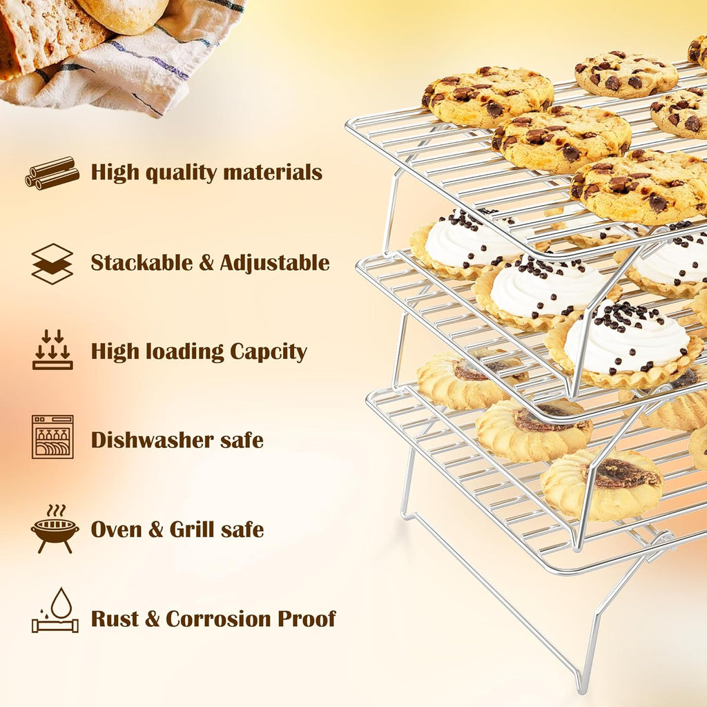 Skiennix 3-Tier Stackable Cooling Rack - Heavy Duty Baking Rack for Cookies, Pizza & Cakes - 15.8” x 10” - Oven & Dishwasher Safe