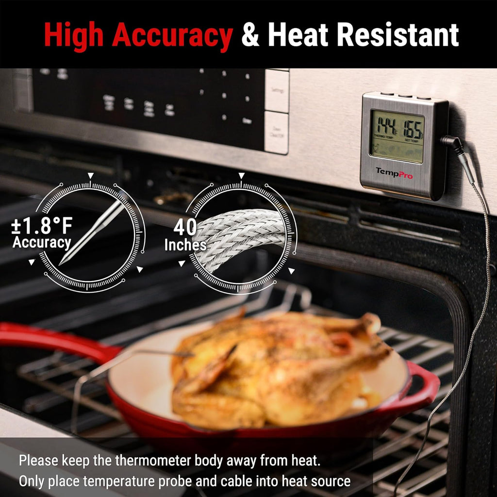 TempPro TP16 Large LCD Digital Meat Thermometer - Stainless Steel Probe for BBQ, Oven & Smoker