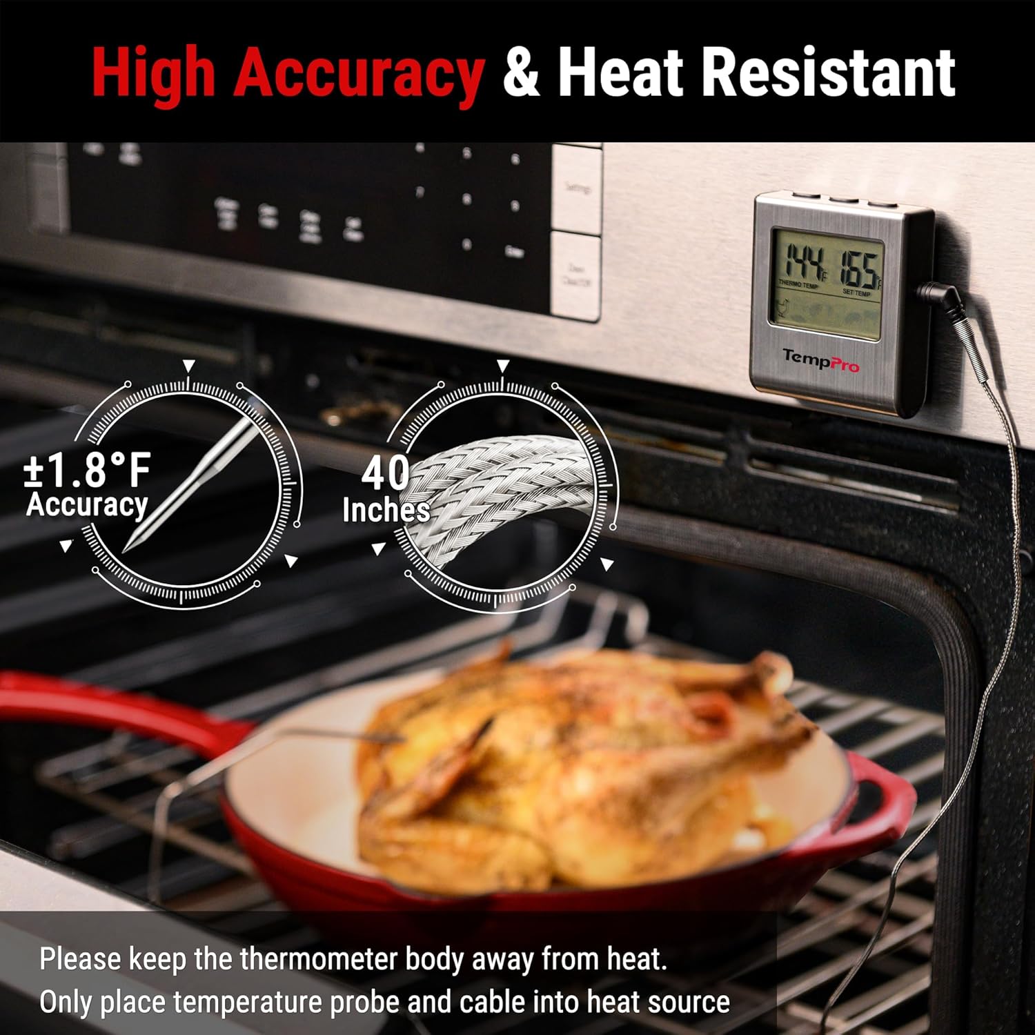 TempPro TP16 Large LCD Digital Meat Thermometer - Stainless Steel Probe for BBQ, Oven & Smoker