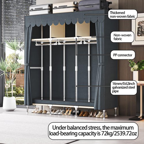 AOSENKO Portable Wardrobe Closet, 16mm Steel Frame Clothes Rack with Non-Woven Fabric Cover, Freestanding Closet Organizer with 3 Hanging Rods & 6 Shelves, Grey Fabric for Bedroom