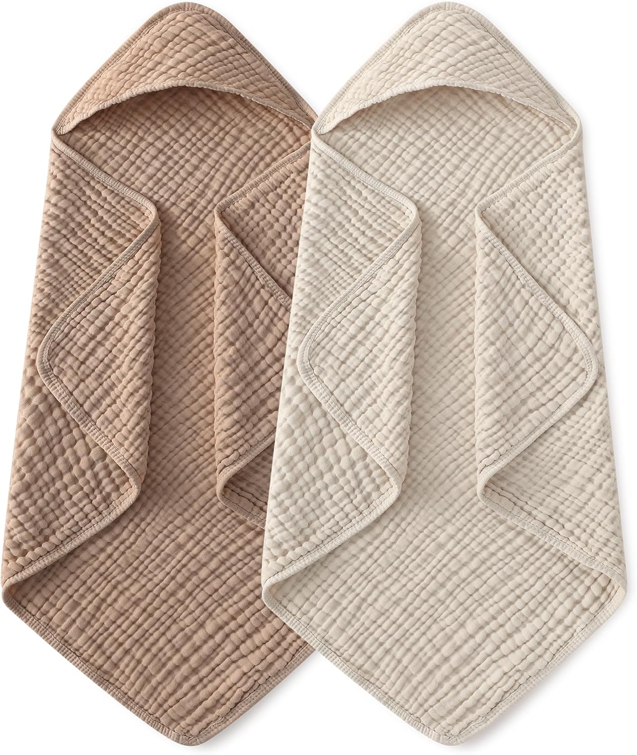 Yoofoss Hooded Baby Towels - 100% Muslin Organic Cotton, Soft & Absorbent, 2 Pack, 32x32 Inch, Beige & Coffee