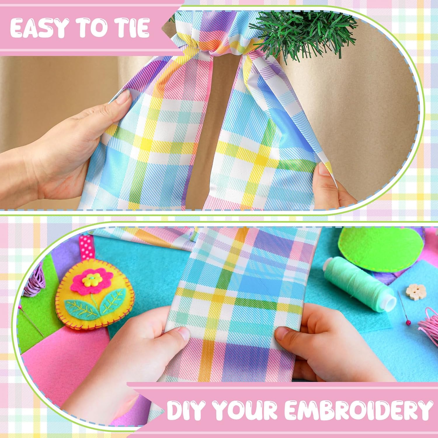 VitalCozy Easter Plaid Wreath Sash - Satin Monogram Ribbon for Indoor/Outdoor Decor
