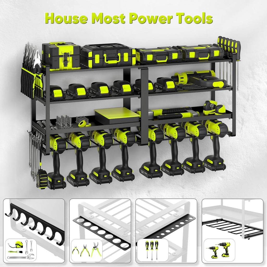 POKIPO Heavy Duty Power Tool Organizer - 33" Wall Mount Holds 400 lbs | 8 Drill & 4-Tier Battery Storage for Garage
