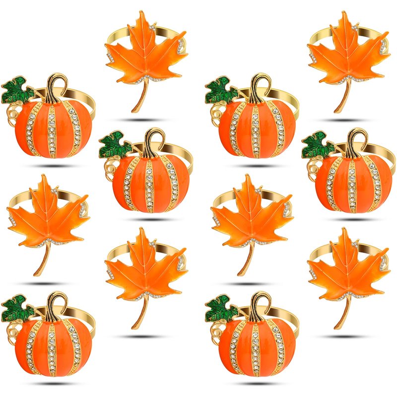 KPOSIYA Fall Napkins Rings, 12 Pcs Thanksgiving Napkin Ring Fall Maple Leaf Napkin Rings and Halloween Pumpkin Napkin Holders for Thanksgiving Table Decorations, Fall Banquet, Holiday Dinner Party