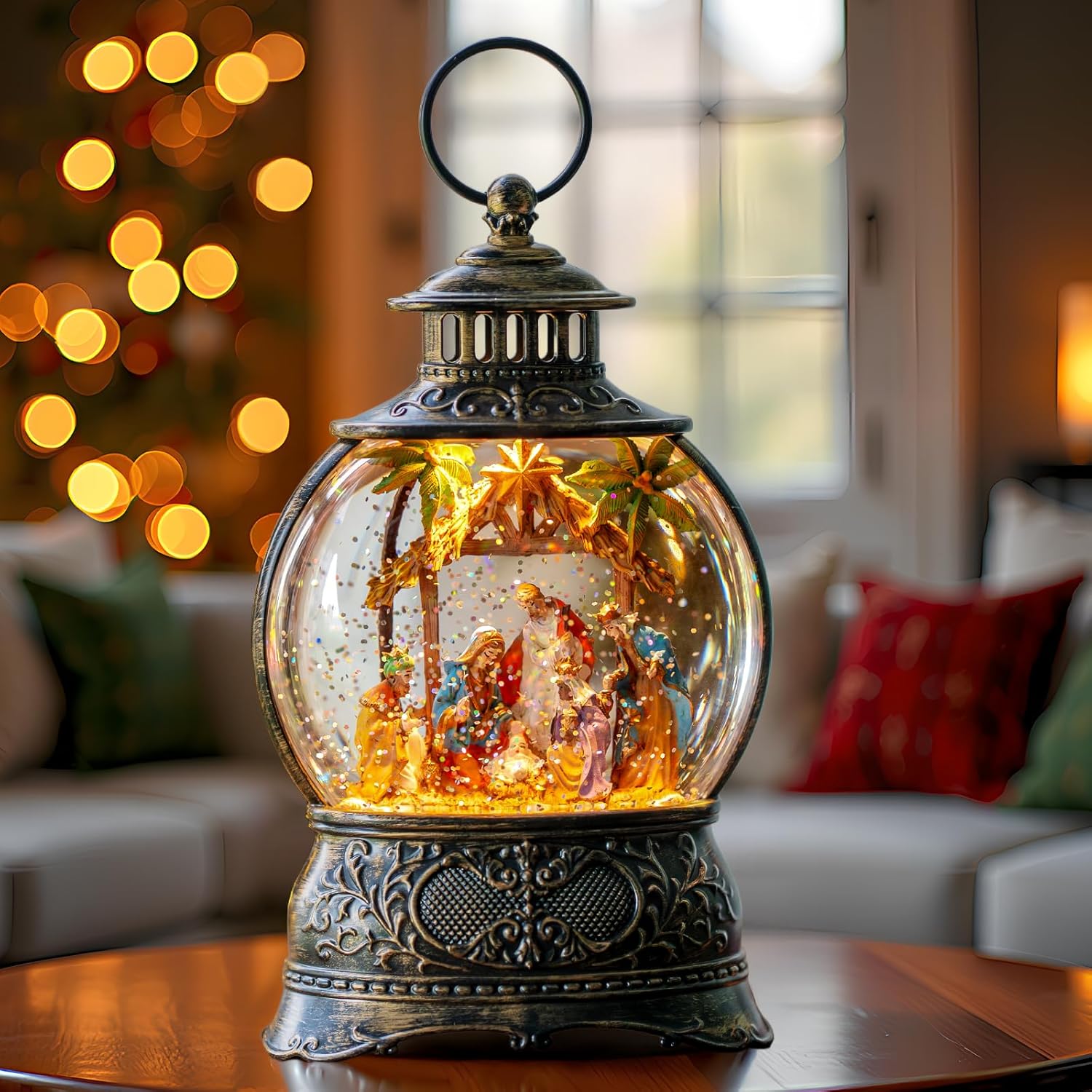 Regine Switzerland Christmas Snow Globe Lantern - Musical Holy Family Nativity Scene | 6H Timer, USB & Battery Operated