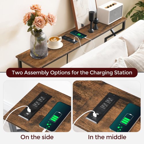 MAHANCRIS Sofa Console Table, 44.9" Entryway Table with Charging Station, Narrow Couch Table, Hallway Table, Sofa Table with USB Ports, Metal Frame, for Entrance, Living Room, Rustic Brown CTHR113E01