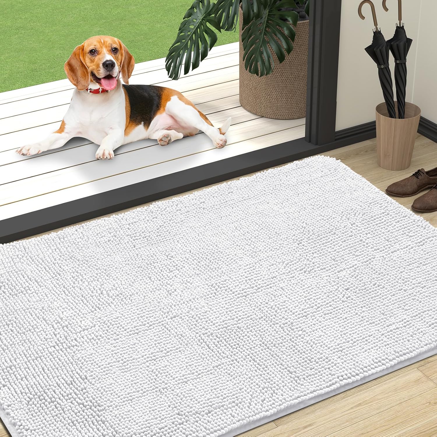 OLANLY Dog Door Mat - Absorbent Non-Slip Washable Chenille Mat for Muddy Paws | 47x32 Inches, White