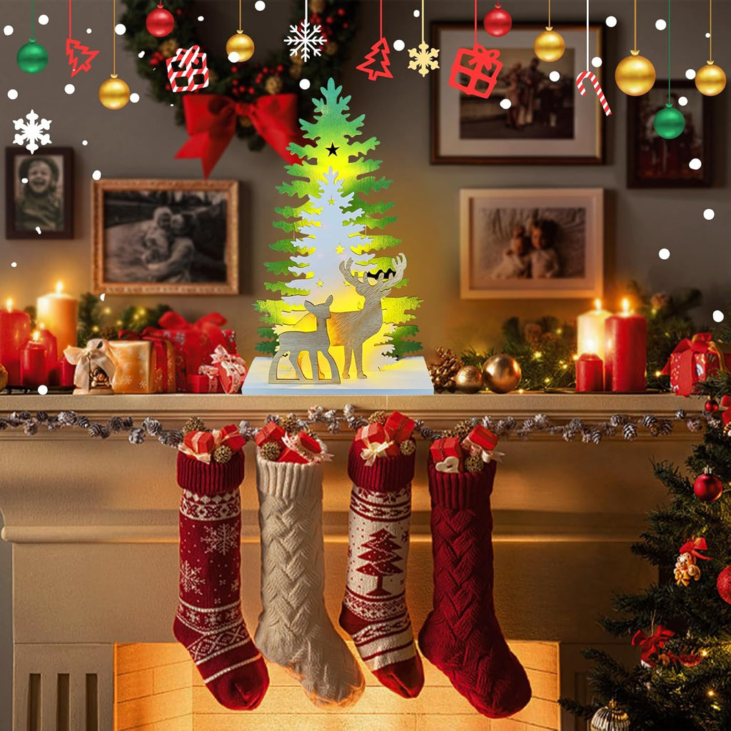 Supergorea Lighted Christmas Tabletop Decorations - Wooden Tree & Deer Decor | LED Battery-Powered, 12.7 Inch