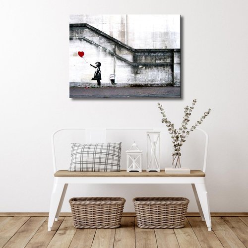 Wieco Art Canvas Paintings Wall Art Banksy Grafitti Girl with Red Balloon Grey Large Love Canvas Prints Pictures Modern Gallery Wrapped Inspirational Artwork Ready to Hang for Home Office Decor