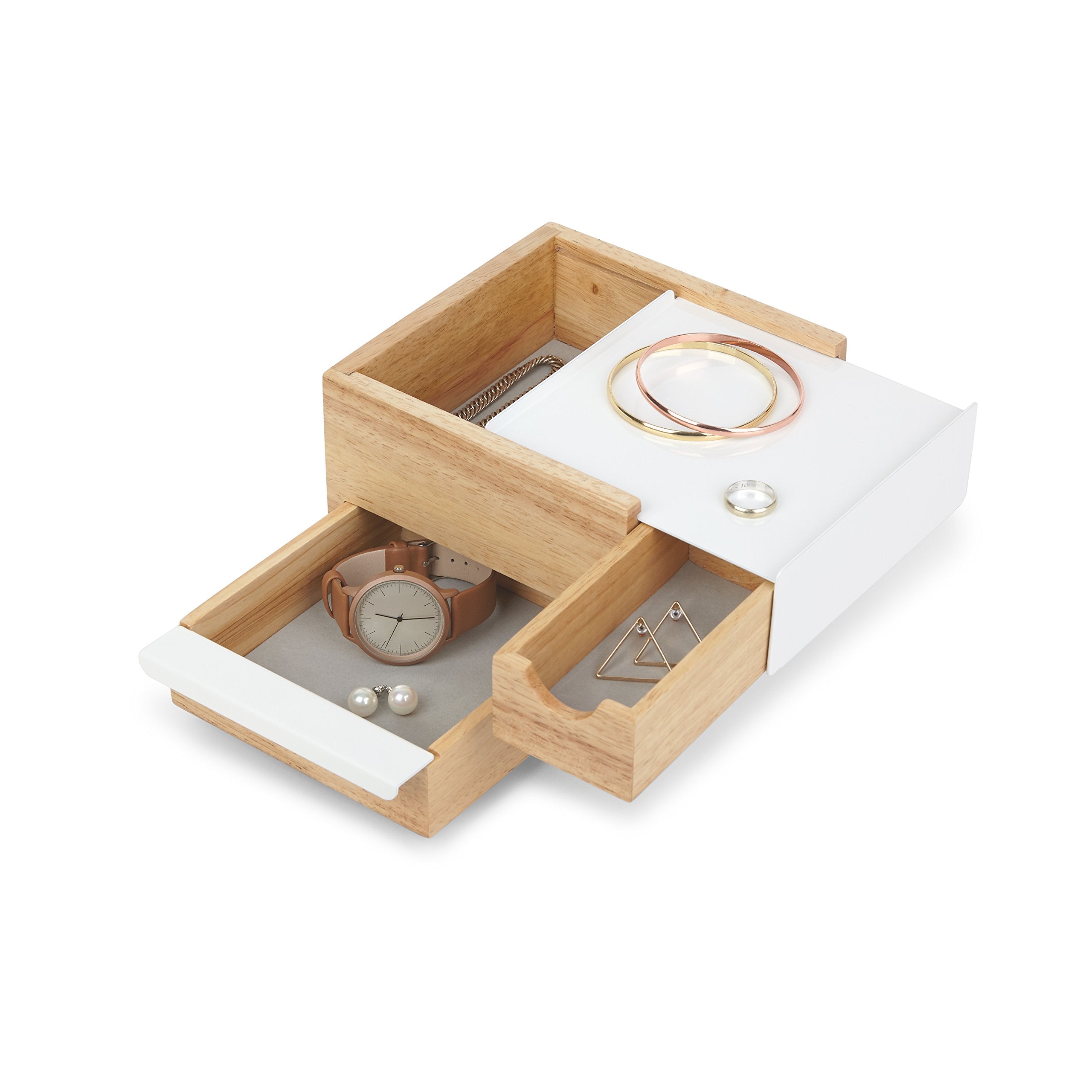 Umbra Mini Stowit Jewelry Box - Modern Keepsake Storage Organizer with Hidden Compartment Drawers for Ring, Bracelet, Watch, Necklace, Earrings, and Accessories (White/Natural)