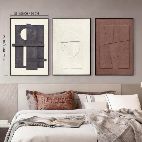 3D Textured Framed Wall Art, 3 Piece Neutral Artwork for Walls, Modern Minimalist Wall Paintings, White Black Geometric Texture Wall Decor for Living Room, Hallway, Office, 24x36In