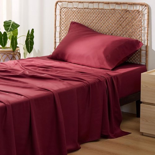 Bedsure Cooling Twin Sheets - Breathable & Soft Rayon from Bamboo | Deep Pocket Up to 16 Inches, Burgundy