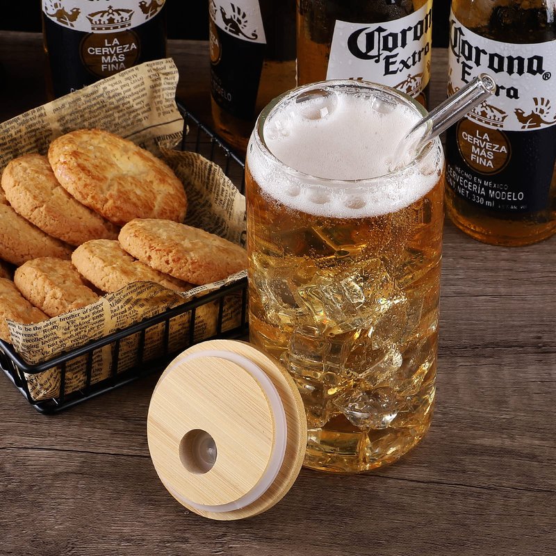 CWHHRN Glass Cups with Lid and Straw, 16oz Beer Glasses Coffee Cups, Iced Coffee Cups with Straw, Glass Tumbler (2 PACK)