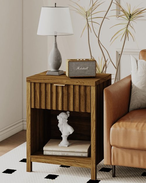 Veegle Nightstand,Farmhouse Night Stand with Storage Drawer and Open Wood Shelf,Walnut Brown