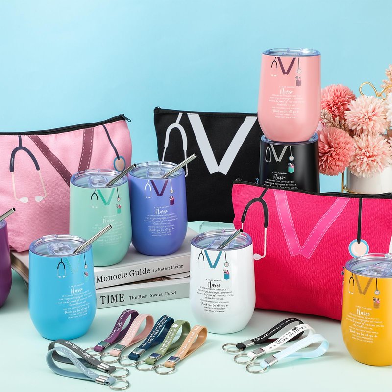 Ziliny 30 Pcs Nurses Week Gifts Bulk 2026 Nursing Makeup Bags for Work Nurse Appreciation Gifts 12 oz Wine Tumbler, Makeup Bag, Keychain