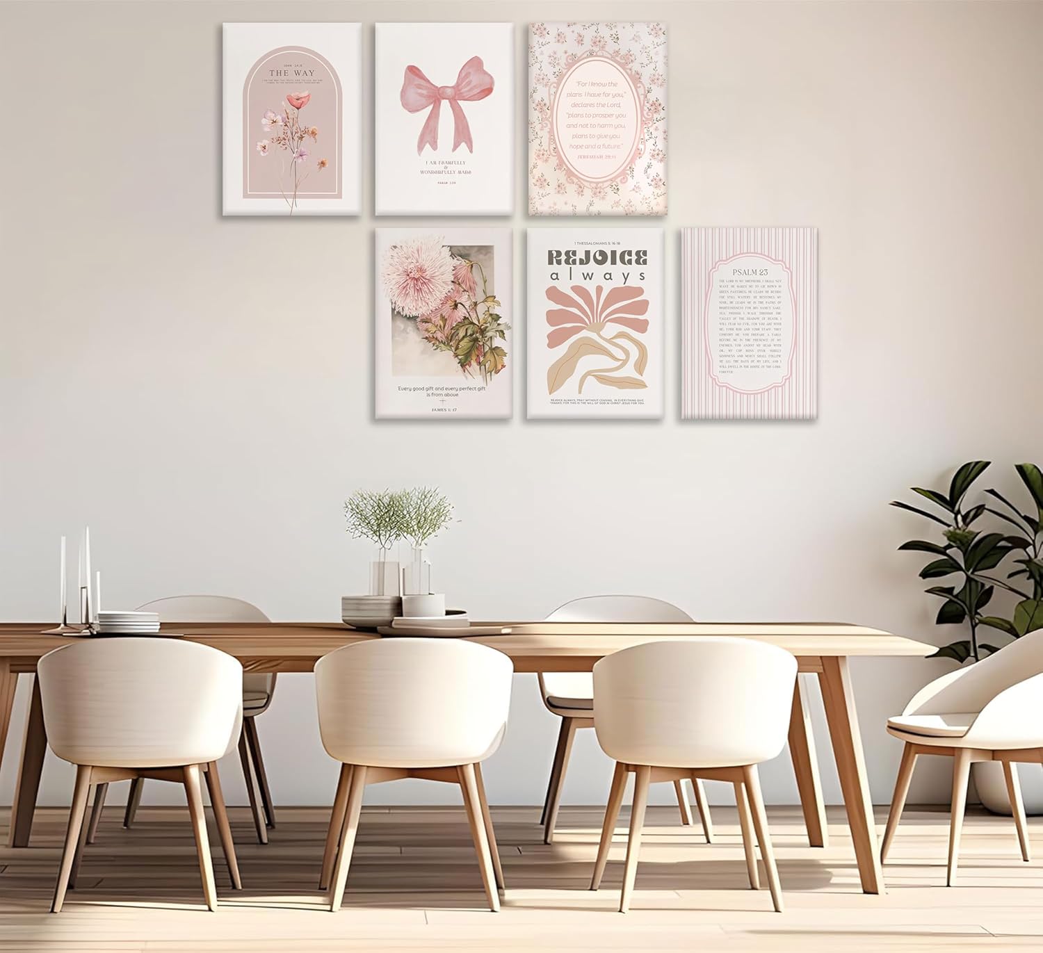 Skiennix 6Pcs Pink Christian Wall Art - Boho Floral Bible Verses Canvas Decor for Bedroom & Dorm