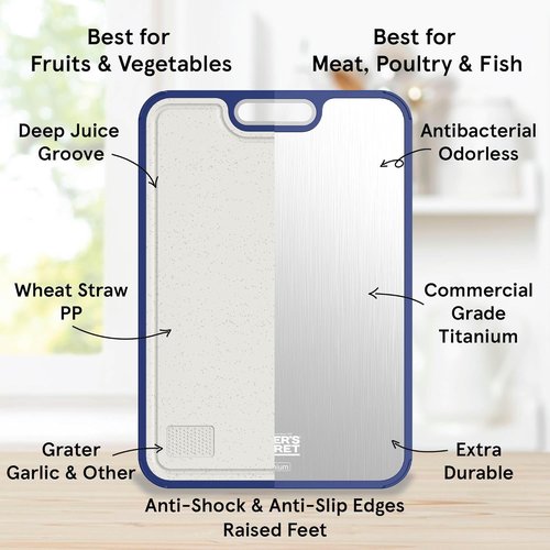 Baker's Secret Titanium Cutting Board - Double-Sided, Food Grade, Dishwasher Safe | Large 16”×11” Navy Blue