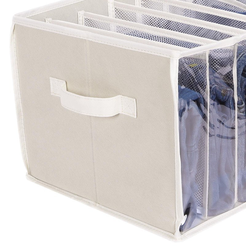 Zilink Upgraded Wardrobe Clothes Organizer with Support Board Clear Pants Organizer for Closet with 7 Grids Divider Extra Large Closet Drawer Organizer for Jean Pant Sweaters T-Shirt, 6 Pack, Beige
