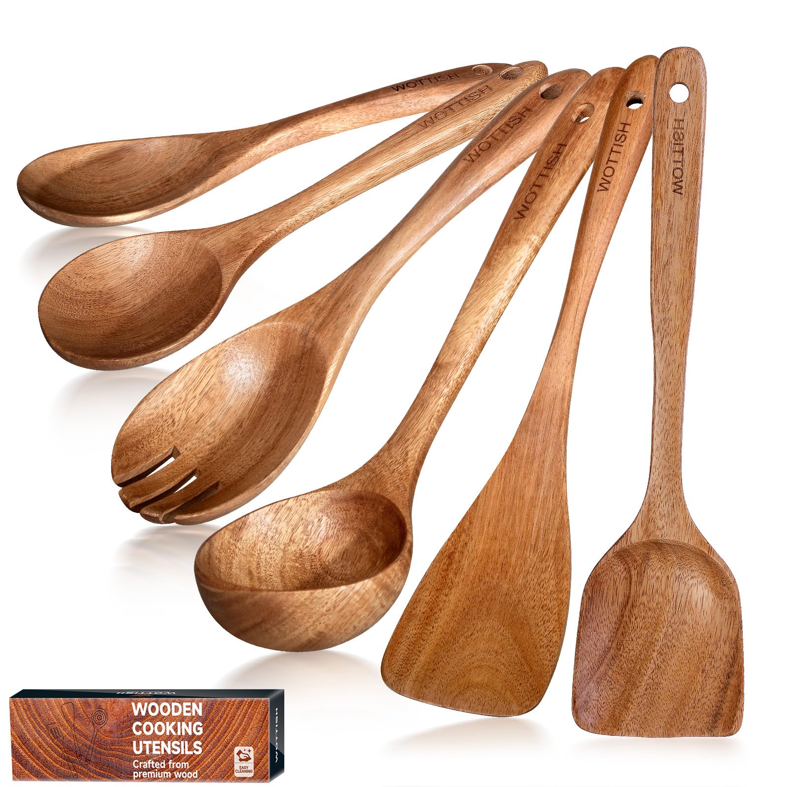 Wooden Spoons - Wooden Spoons for Cooking,Natural Wooden Kitchen Utensils Set Non Toxic,6-Piece Wooden Cooking Utensils(A06)