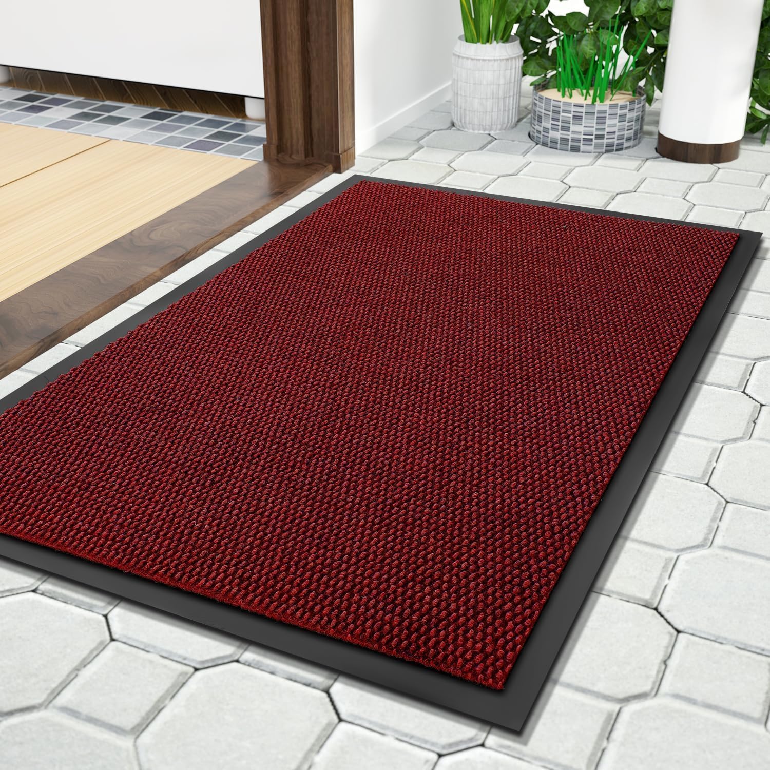 Yimobra Doormat - 100% Waterproof All-Weather Entrance Mat | 36 x 17 Inches, Stain & Fade Resistant, Black Red