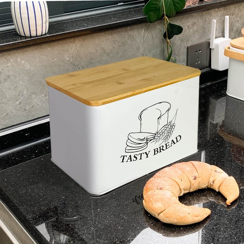 SOTECH Bread Box with 3pcs Jars Coffee Sugar Tea for Kitchen Countertop White Metal Bread Box with Bamboo Board Cover Pastry Storage Container Set Kitchen decor (NO Handle White Box)