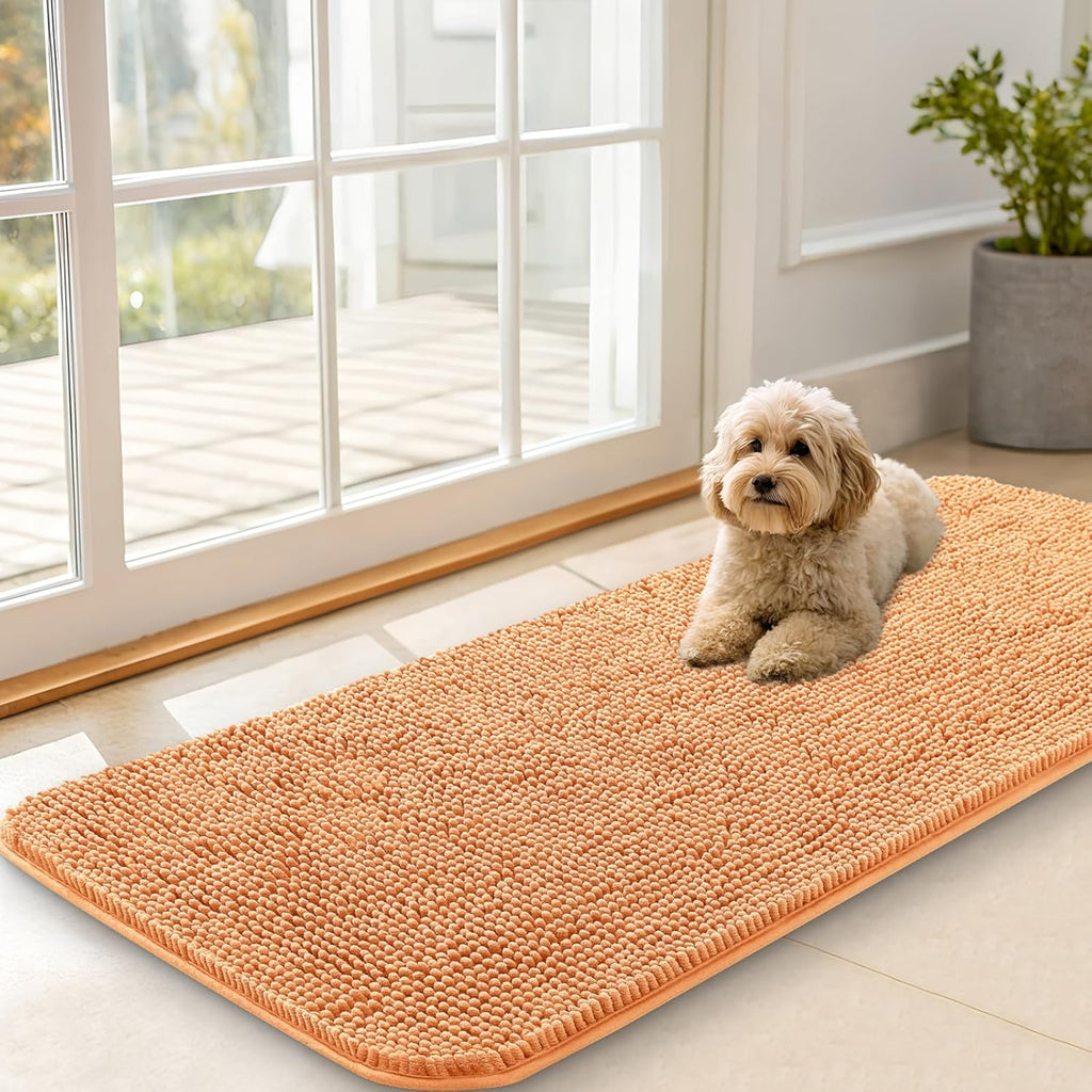 OLANLY Dog Door Mat - Absorbent Non-Slip Chenille for Muddy Paws | 47x20 Inches, Quick Dry, Orange