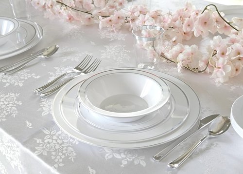 OCCASIONS 120 Bowls Pack, Heavyweight Disposable Wedding Party Plastic Bowls (14oz Soup Bowl, White & Silver Rim)
