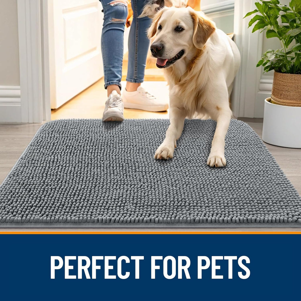 OLANLY Dog Door Mat - Absorbent Non-Slip Mud Mat for Indoor Use | Quick Dry Chenille, 47x17, Grey