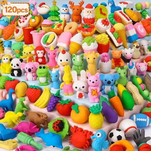 Moosia 120 Pack Animal Pencil Erasers - 3D Mini Puzzle Desk Pets & Party Favors for Kids