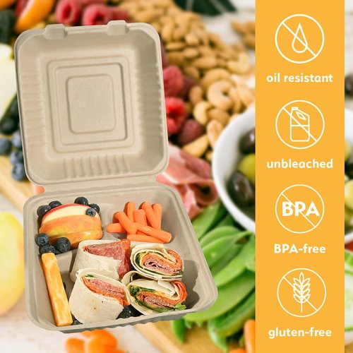 100% Compostable Disposable Food Containers with Lids [8”X8” 3-Comp 200 Pack] Eco-Friendly Take-Out TO-GO Containers, Heavy-Duty, Biodegradable, Unbleached by Earth's Natural Alternative