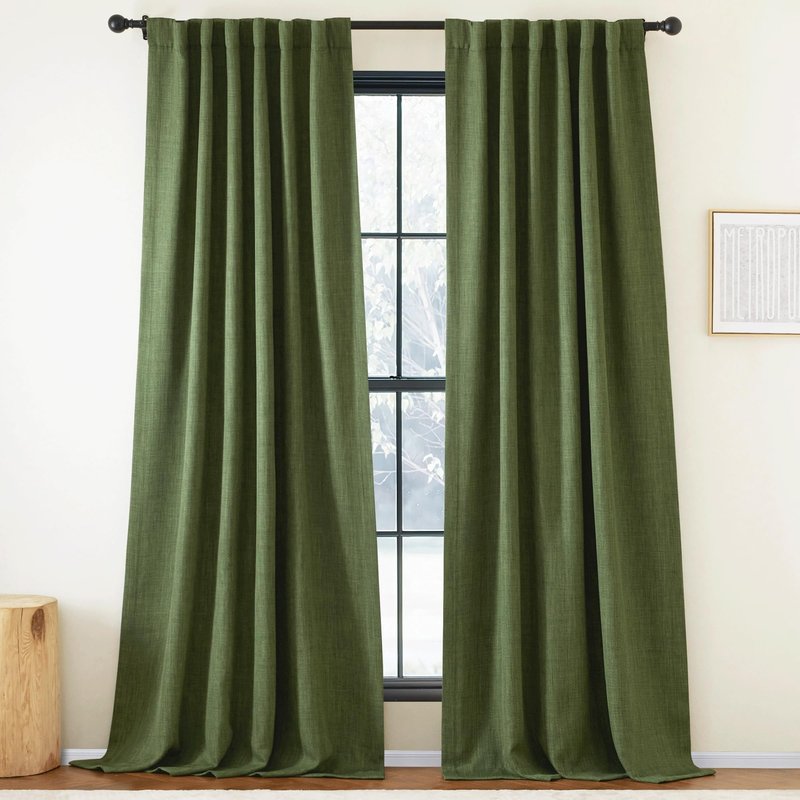 NICETOWN Room Darkening Froest Green Curtains 96 inches Long 2 Panels, Rod Pocket/Back Tab/Hook Belt Faux Linen Light Blocking Noise Canceling Window Drapes for Living Room/Bedroom, W50 x L96