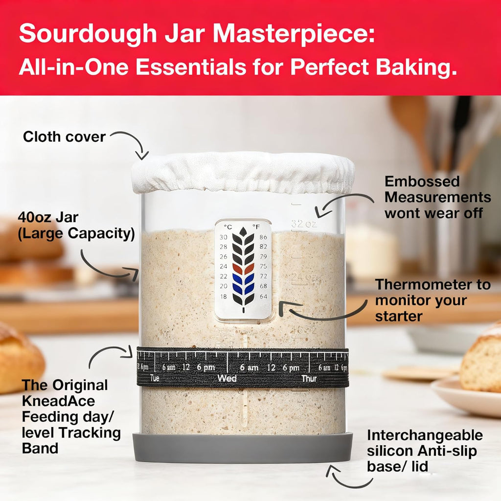 Premium Pro Sourdough Starter Jar Kit by [Brand Name] - 40oz Wide Mouth Glass Jar with Thermometer & Silicone Lid