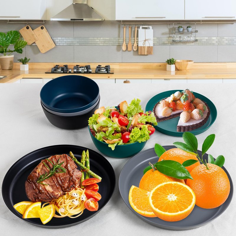 EI 12pcs Wheat Straw Plates,Plastic Plates Reusable,Unbreakable Plastic Plate,Wheat Straw Dinnerware Set,Melamine Plate-Black,Dark Grey,Dark Green,Dark Blue,Dinner, Camping,Picnic