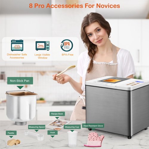 19-in-1 Stainless Steel Bread Maker With Smart Dual Heaters, Quiet Bread Machine with 15H Timer & 1H Keep Warm, Auto BreadMaker with Food-Grade Heat-Conductive Non-Stick Pan, Recipes for Gluten-Free