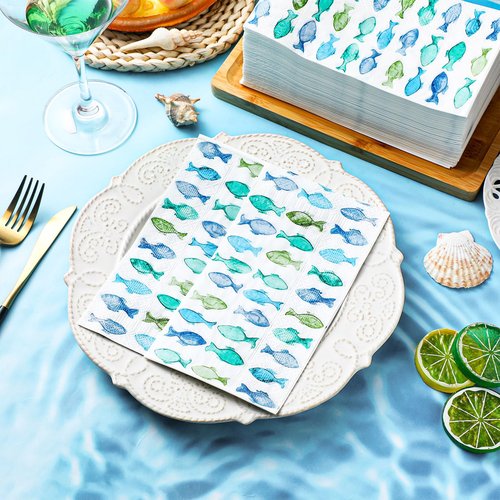 Seajan 200 Pcs Fish Paper Guest Napkins Disposable Hand Towels for Bathroom Paper Disposable Guest Towels Napkins for Spring and Summer Wedding Bathroom Birthday Dinner Party
