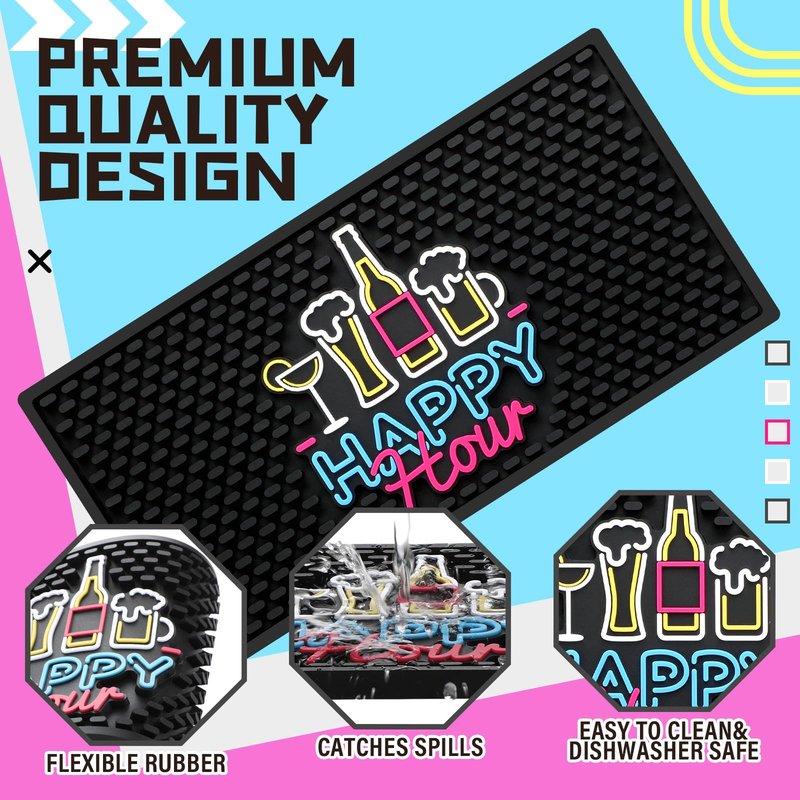 Preboun Bar Mat for Countertop with Fluorescent Pattern Thick Rubber Non Slip Black Bar Spill Mats for Coffee Kitchen Restaurants Entertaining Home Service(1 Pcs,12 x 6 Inch)