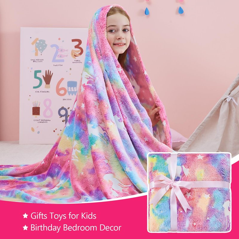 QSTEHEML Glow in The Dark Unicorn Blanket ，Birthday Gift for Girls Age 3-12 Years Old, Unicorns Toys Girls Presents for Grandkids, Soft Unicorns Throw Blanket for Daughter 50"×60"
