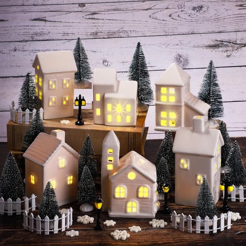 Fovths LED Lighted Winter Village Building Figurines - 39-Piece Holiday Desktop Ornament Set
